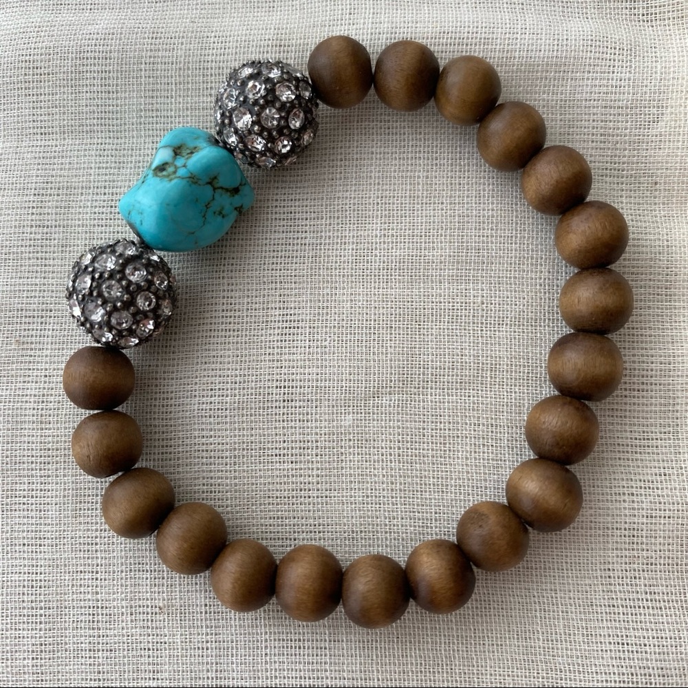 Wood Bead Bracelet withTurquoise Gem